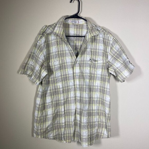 Artful Dodger Men's SS Yellow Gray Plaid Skull Print Button-up Shirt XL! - Picture 2 of 6